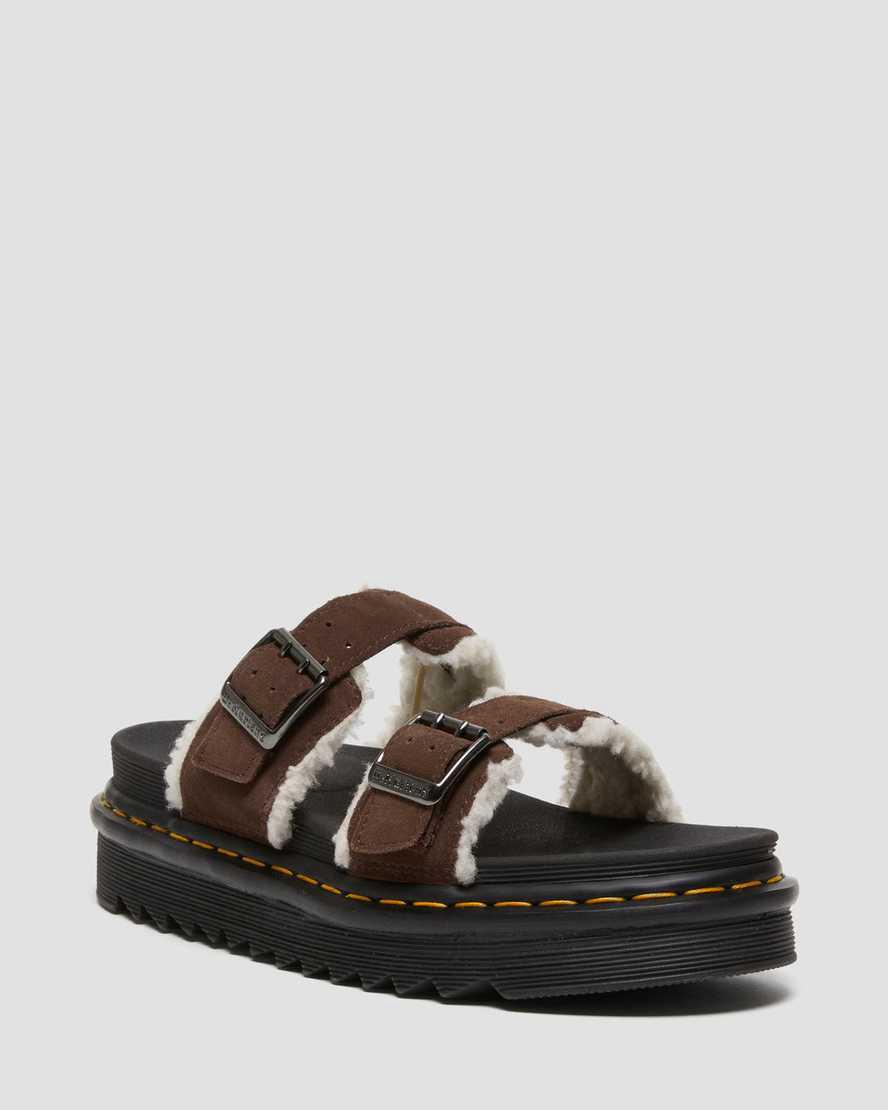 Dr Martens Myles Suede Fur-Lined Buckle Slide Miesten Sandaalit Tummanruskea Suomi | 0542NYGZX