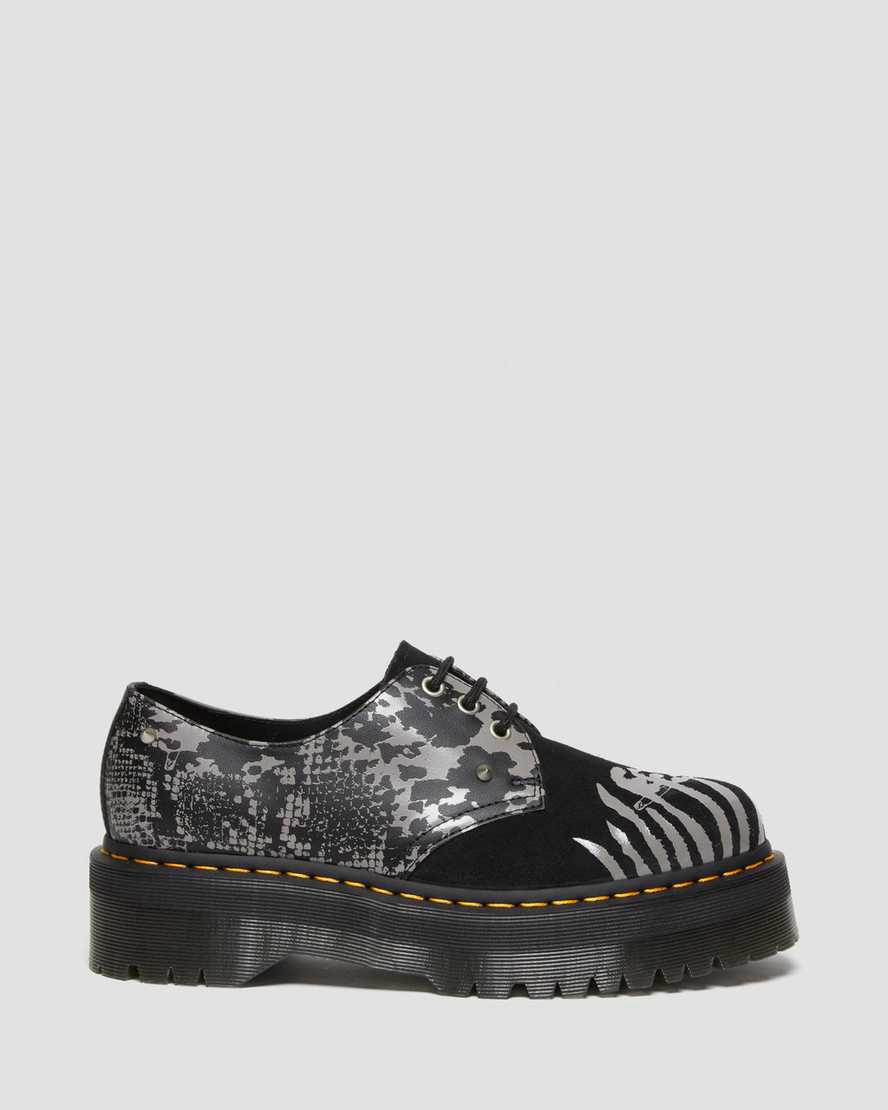 Dr Martens 1461 Animal Clash Leather & Suede Platform Naisten Oxford Kengät Black/Grey Backhand  Suomi |  9012DHNTM