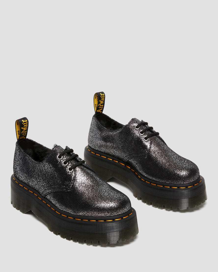 Dr Martens 1461 Faux Fur-Lined Metallic Leather Platform Naisten Oxford Kengät Mustat  Suomi |  5827GMLWA