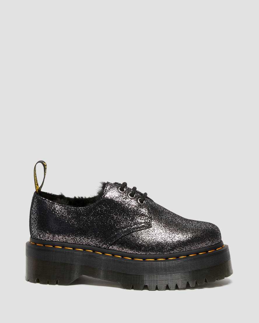 Dr Martens 1461 Faux Fur-Lined Metallic Leather Platform Naisten Oxford Kengät Mustat  Suomi |  5827GMLWA