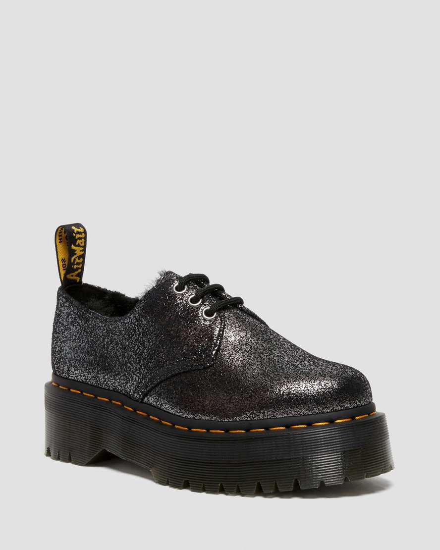 Dr Martens 1461 Faux Fur-Lined Metallic Leather Platform Naisten Oxford Kengät Mustat  Suomi |  5827GMLWA