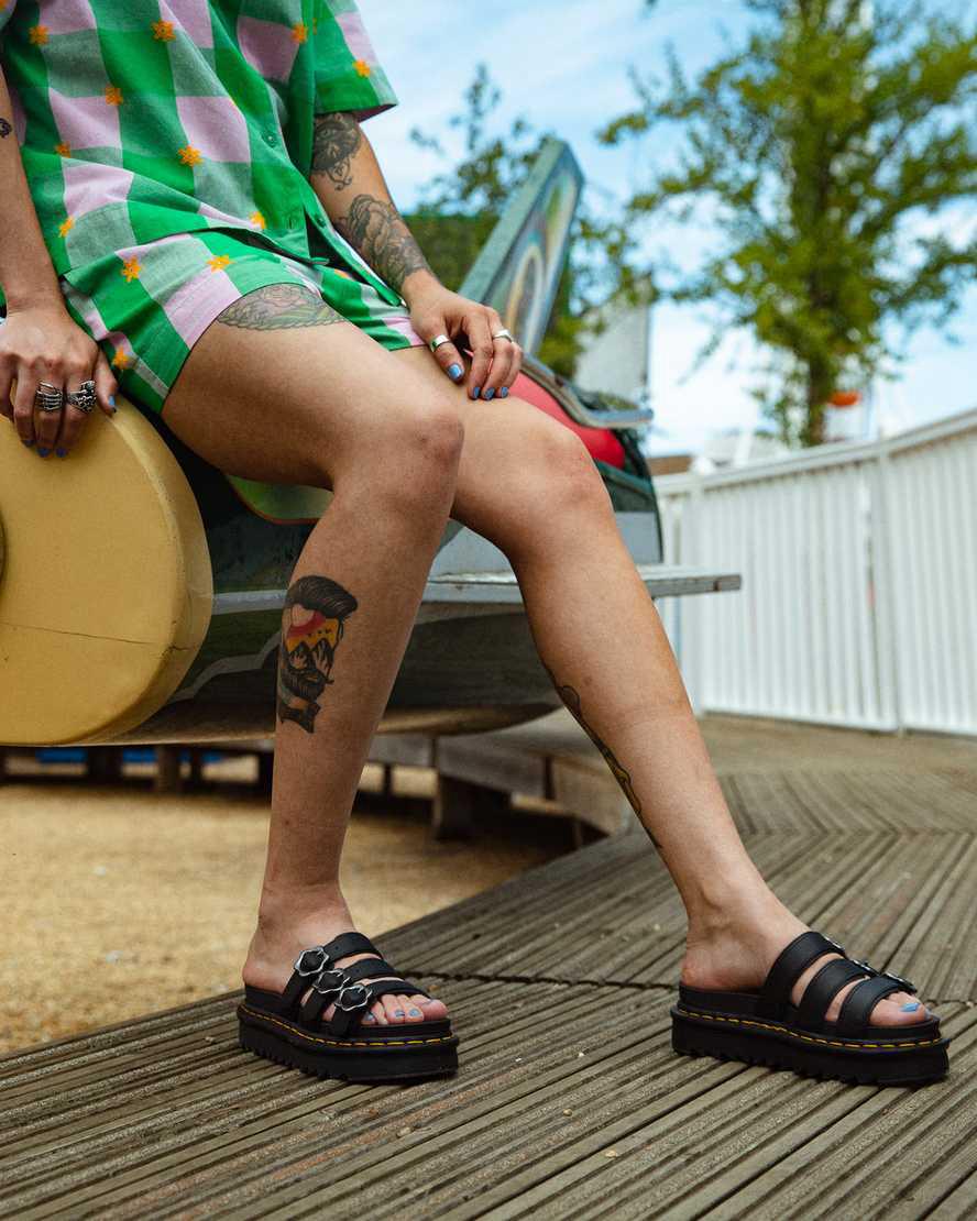 Dr Martens Blaire Flower Buckle Leather Slide Naisten Platform Sandaalit Mustat  Suomi |  5839WFOLA